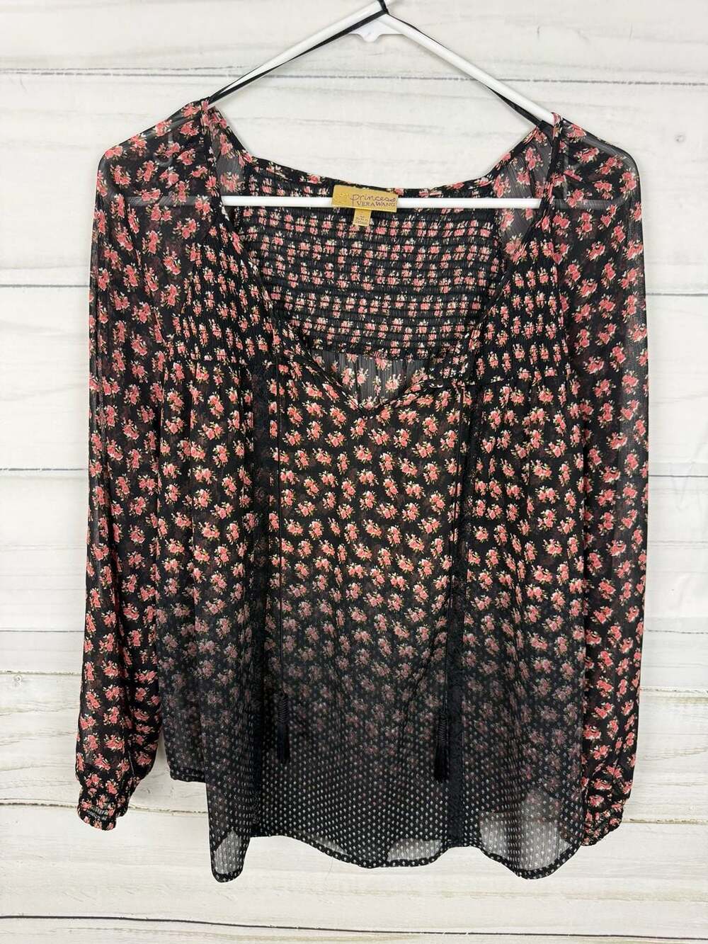 Princess Vera Wang Floral Smocked Tassel Tie Blouse Size L